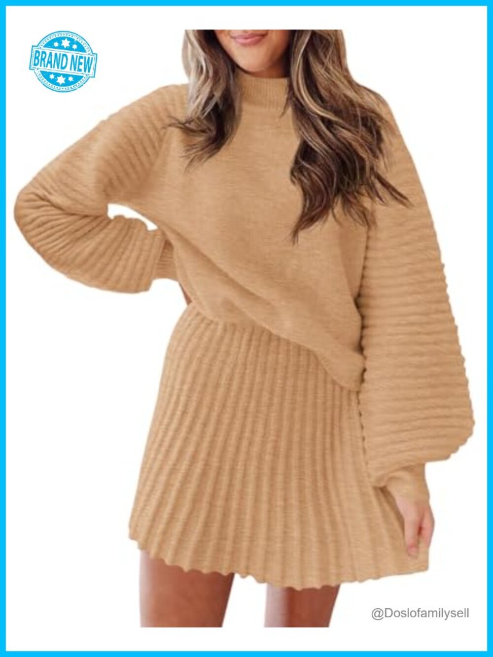 Women's 2 Piece Sweater Set Mock Neck Puff Sleeve Pullover & Mini Skirt